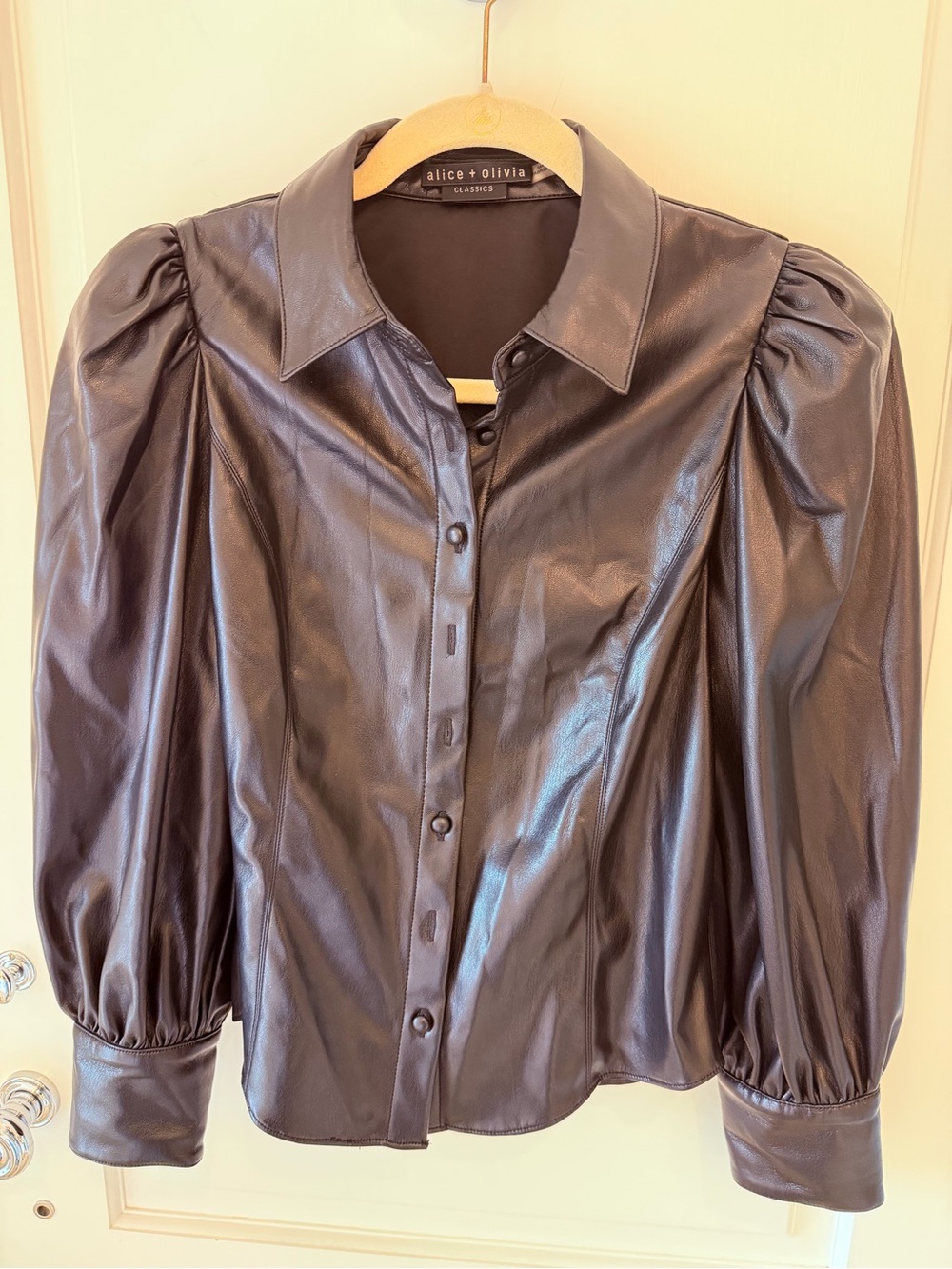 Alice + Olivia Shiny Black Puff-Sleeve Button-Down Shirt